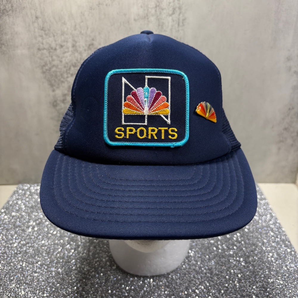 Vintage 1990s New Era Navy NBC Sports Patch Trucker Hat, Multicolor Peacock Pin